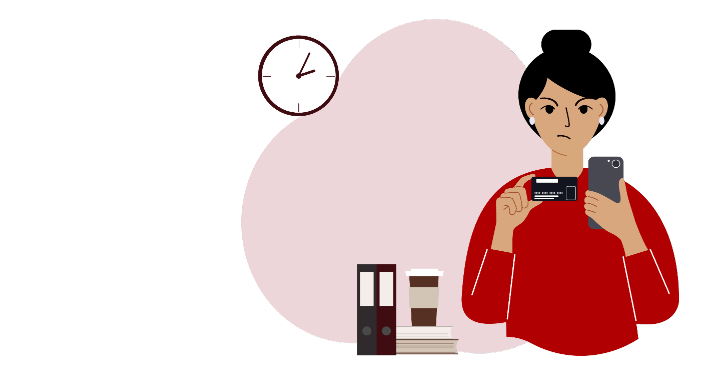 Woman looking at her credit card and phone wondering if she is able to repay her money lender on time